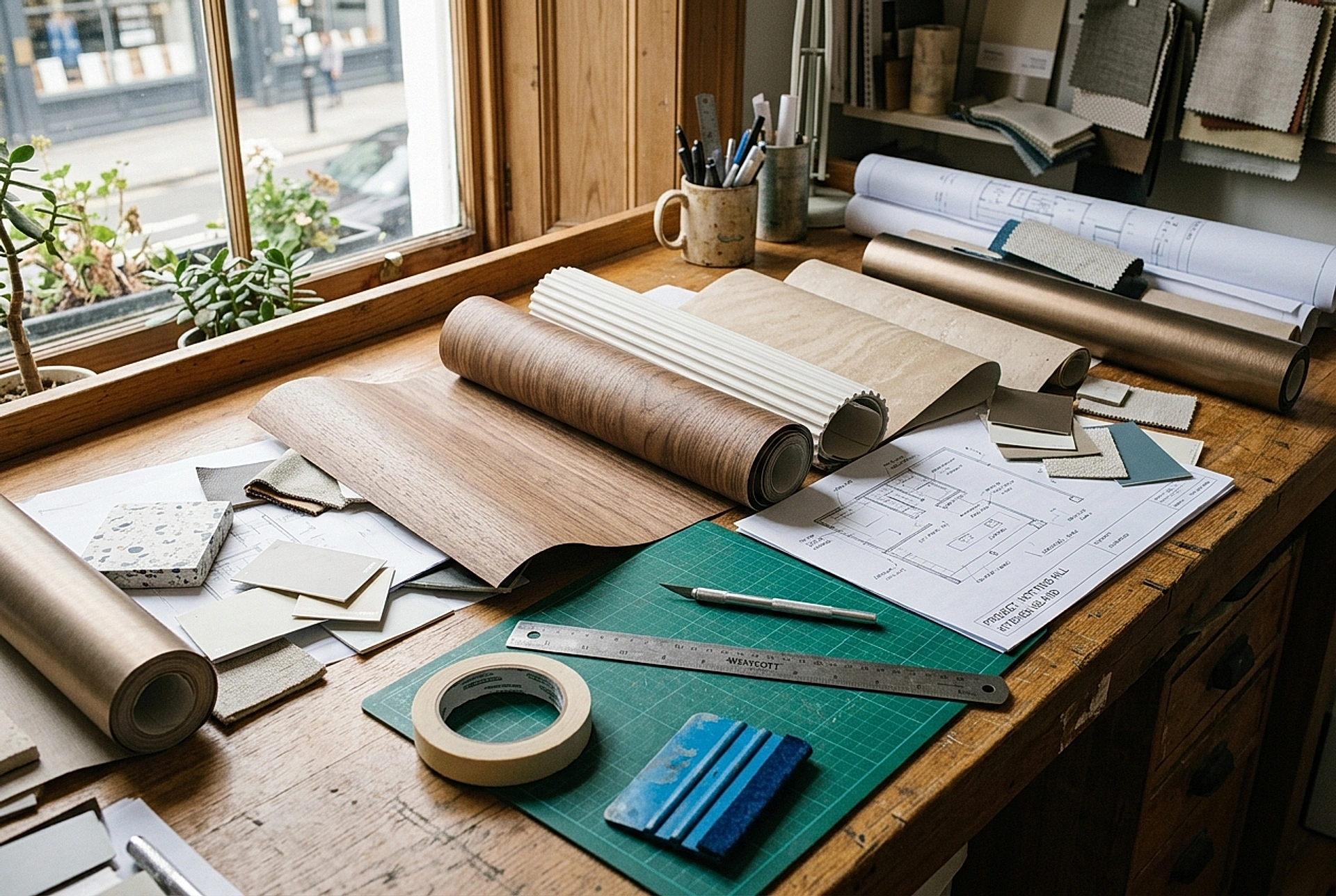 Architectural decorative film swatches, rolls, and precision tools on workshop desk
