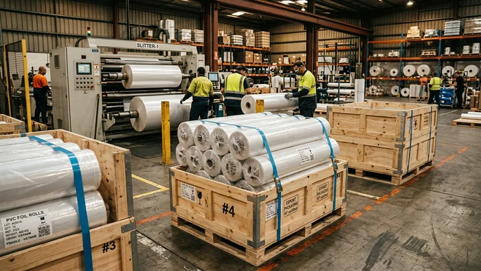 Suspension wooden packaging protecting PVC membrane rolls inside shipping containers