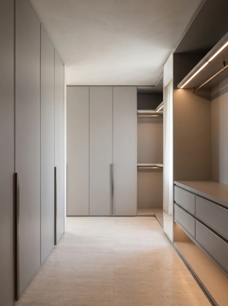 Agencement intérieur et rangements sur mesure en film Alpaga Gris Beige