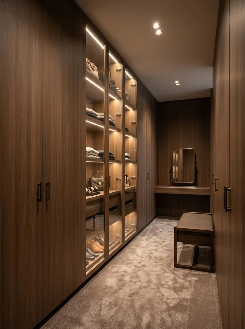 Hertz Walnut foil in illuminated luxury wardrobe joinery